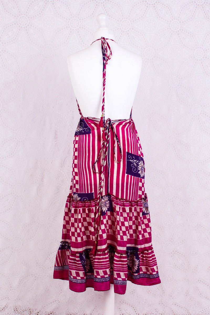 Cherry Mini Halter Dress - Hot Pink & Purple Graphic Vintage Sari (Free Size)