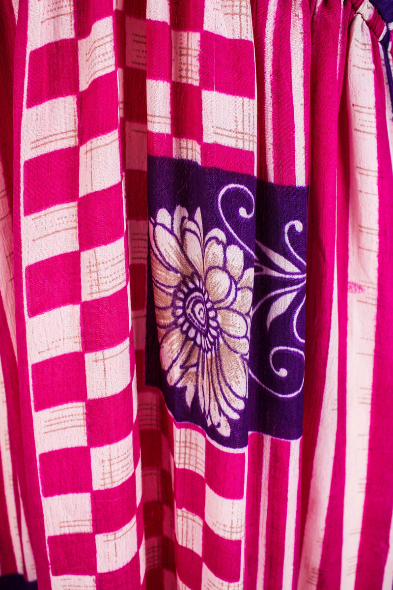 Cherry Mini Halter Dress - Hot Pink & Purple Graphic Vintage Sari (Free Size)