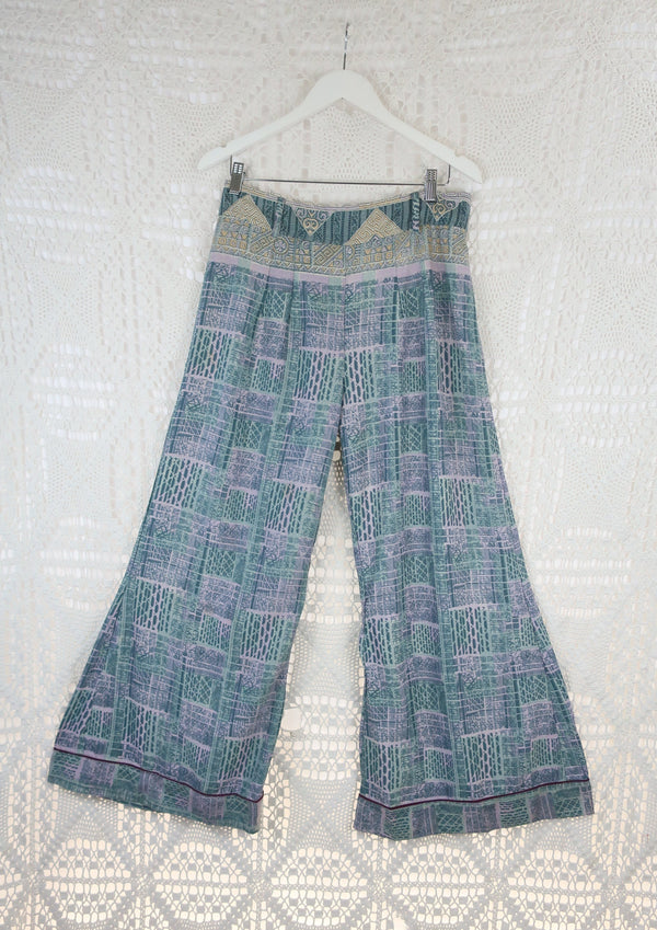 Wide Leg Flare Trousers - Vintage Sari - Stormy Green & Mauve Graphic - L/XL