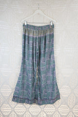 Wide Leg Flare Trousers - Vintage Sari - Stormy Green & Mauve Graphic - L/XL