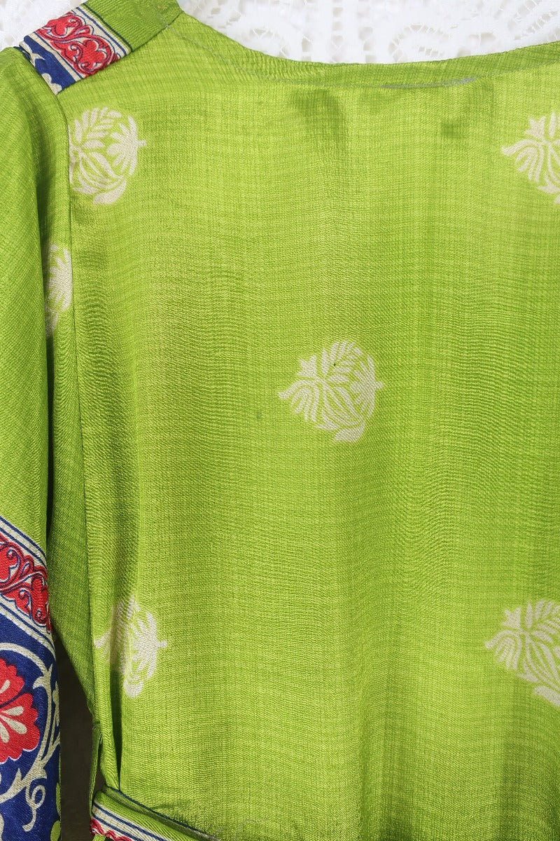 Aquaria Kimono Dress - Vintage Sari - Kiwi Green, Indigo & Red Block Print - XS By All About Audrey