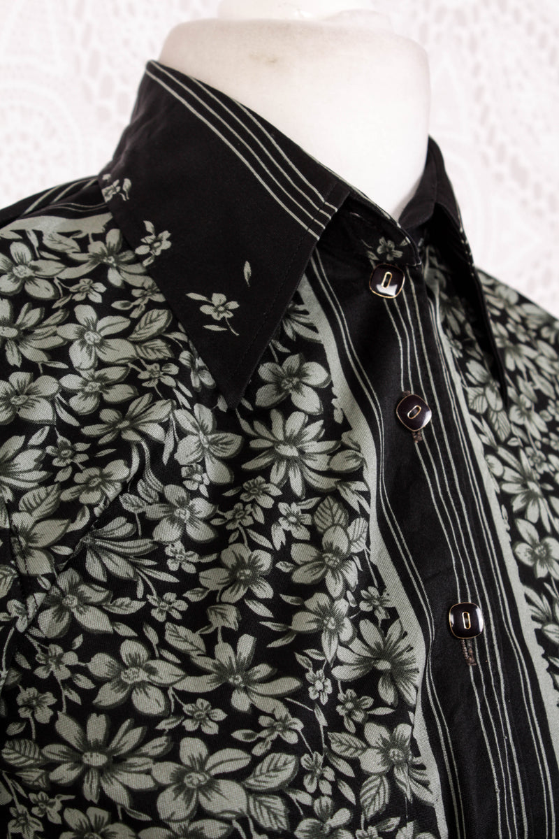 Vintage Shirt - Midnight Black & Muted Green Floral - Size S/M