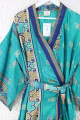 Lotus Kimono Dress - Vintage Sari - Mermaid Green, Indigo & Gold Motif - Free Size By All About Audrey