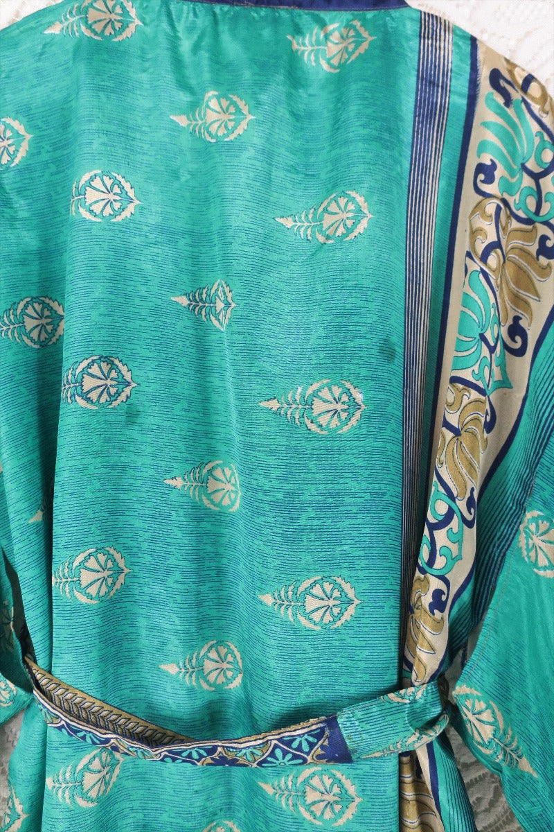 Lotus Kimono Dress - Vintage Sari - Mermaid Green, Indigo & Gold Motif - Free Size By All About Audrey