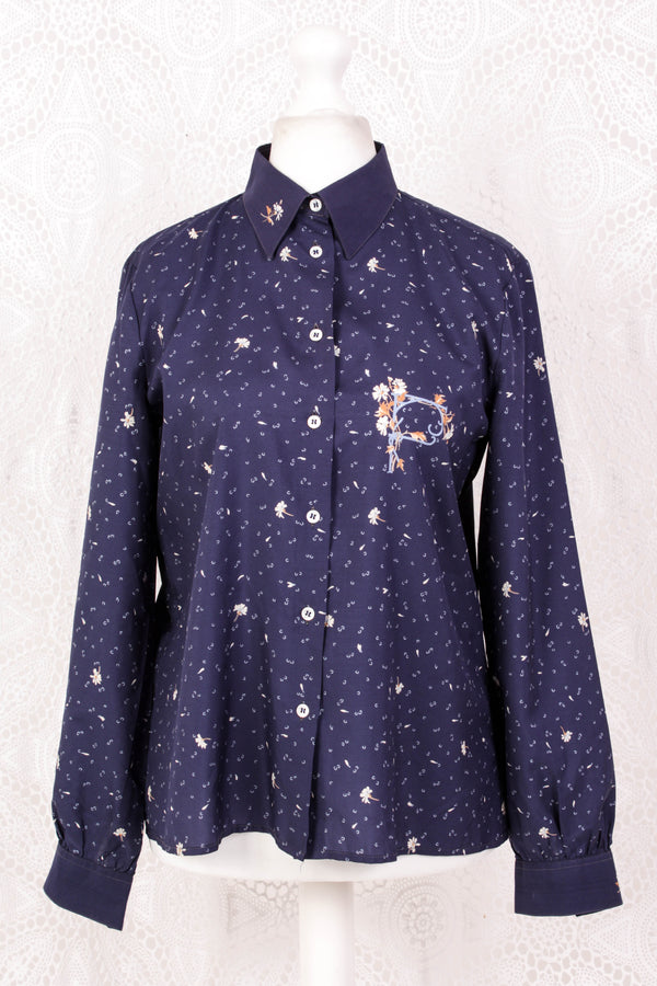 Vintage Shirt - Muted Navy Delicate Floral - Size L