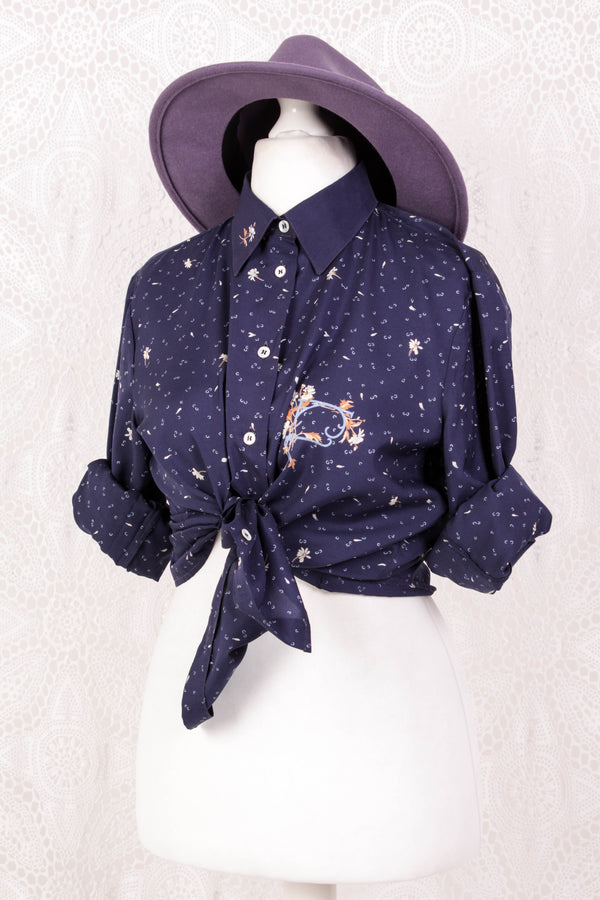 Vintage Shirt - Muted Navy Delicate Floral - Size L