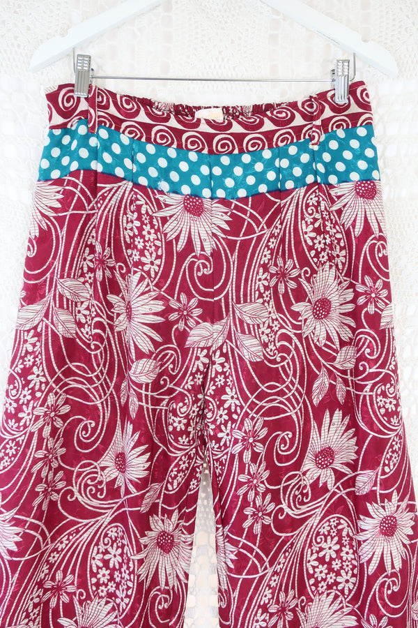 Wide Leg Flare Trousers - Vintage Indian Sari - White & Red Floral - M/L
