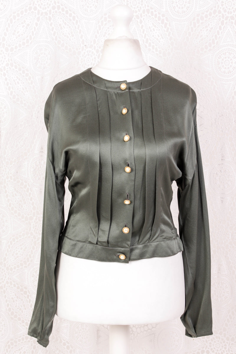 Vintage Shirt - Midnight Green Silk - Size S/M