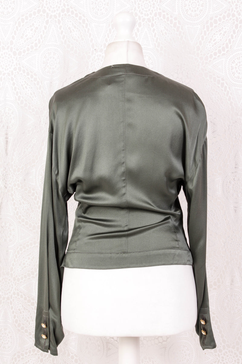 Vintage Shirt - Midnight Green Silk - Size S/M
