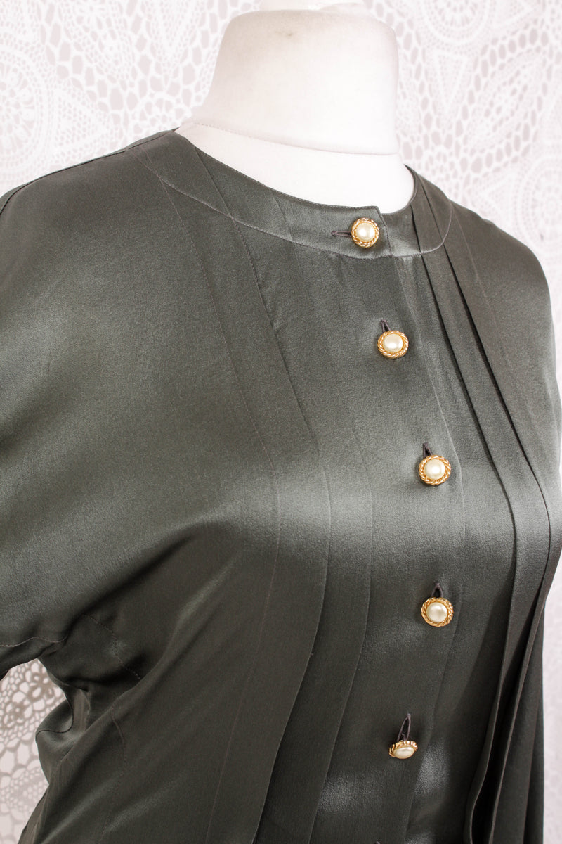 Vintage Shirt - Midnight Green Silk - Size S/M