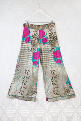 Wide Leg Flare Trousers - Vintage Indian Sari - Pink, Brown & Blue - L
