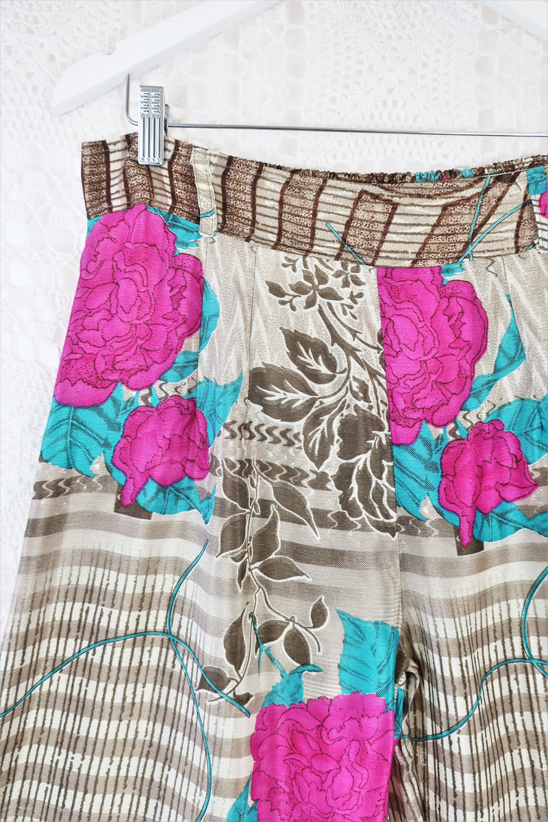 Wide Leg Flare Trousers - Vintage Indian Sari - Pink, Brown & Blue - L