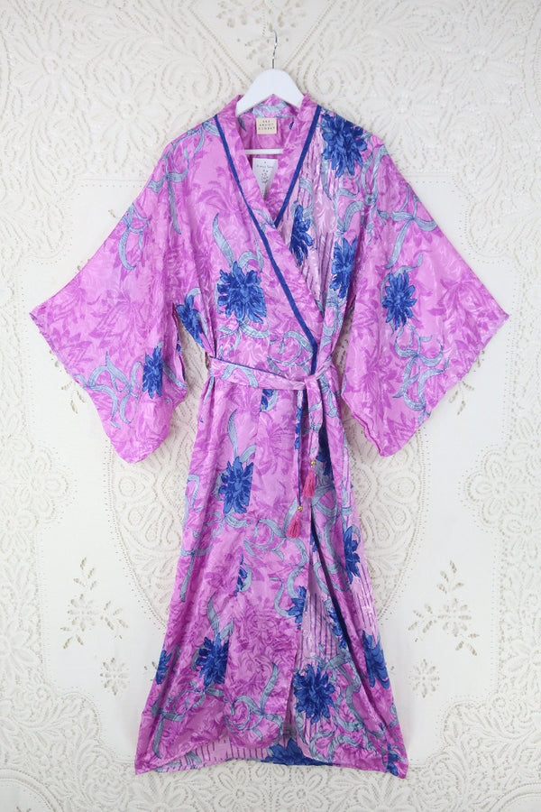 Lotus Kimono Dress - Vintage Sari -  Pastel Pink & Sapphire Shimmer- Free Size by all about audrey