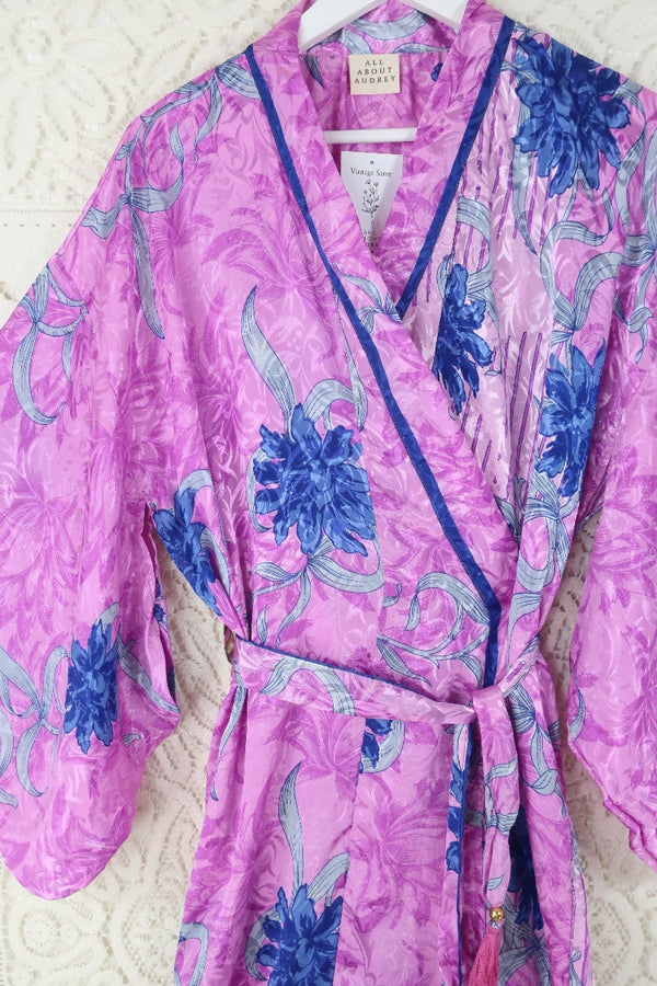 Lotus Kimono Dress - Vintage Sari -  Pastel Pink & Sapphire Shimmer- Free Size by all about audrey