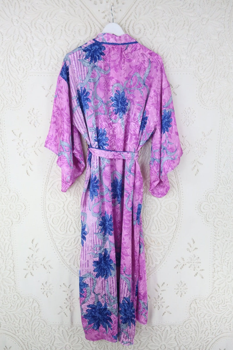 Lotus Kimono Dress - Vintage Sari -  Pastel Pink & Sapphire Shimmer- Free Size by all about audrey