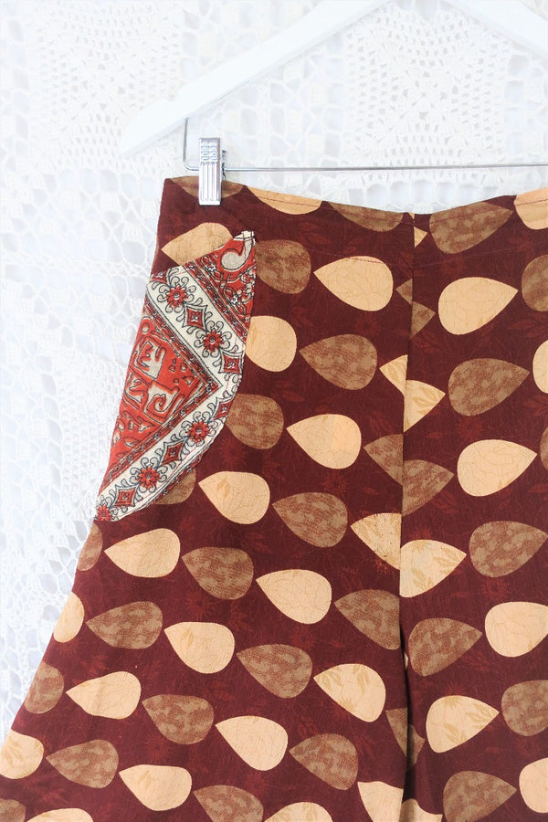 High Waisted Joni Flares with Pockets - Vintage Indian Sari - Autumn Umber & Earth Toned Polka Dot - Free Size L/XL By All About Audrey