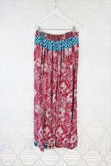 Wide Leg Flare Trousers - Vintage Indian Sari - White & Red Floral - M/L