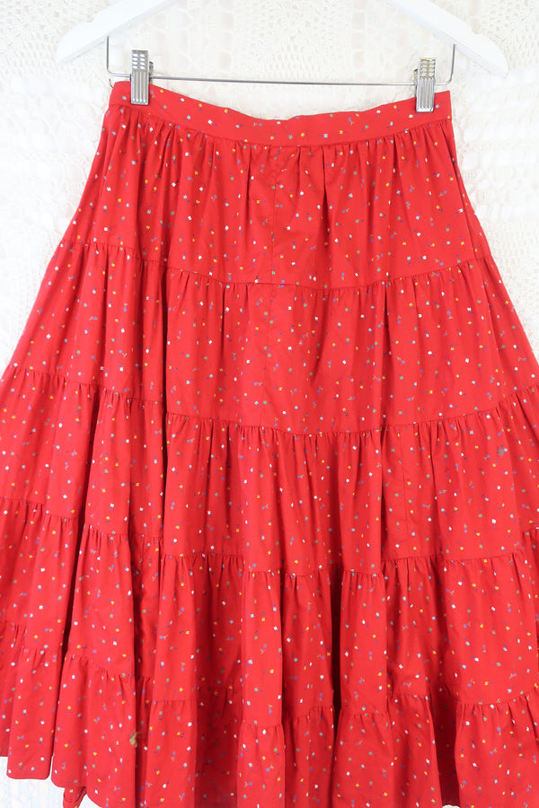 70's Vintage - Tiered Rara Midi Skirt - Red Floral - XXS