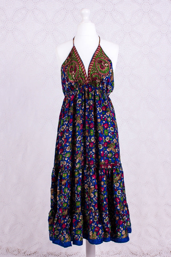 Cherry Mini Halter Dress - Royal Blue Floral Vintage Sari (Free Size)