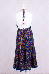 Cherry Mini Halter Dress - Royal Blue Floral Vintage Sari (Free Size)