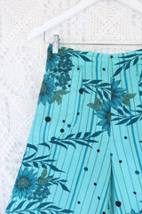 High Waisted Joni Flares with Pockets - Vintage Indian Sari - Shimmering Aqua & Tropical Teal Floral - Free Size S By All About Audrey