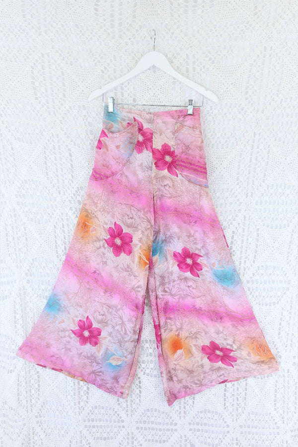 High Waisted Joni Flares with Pockets - Vintage Indian Sari - Pearly Pink, Turquoise & Sunset Floral - Free Size S