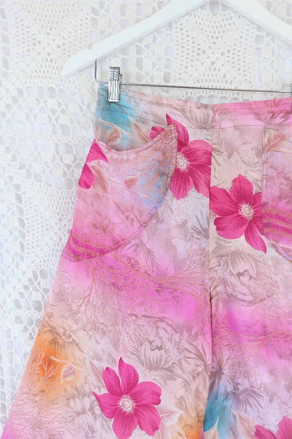 High Waisted Joni Flares with Pockets - Vintage Indian Sari - Pearly Pink, Turquoise & Sunset Floral - Free Size S