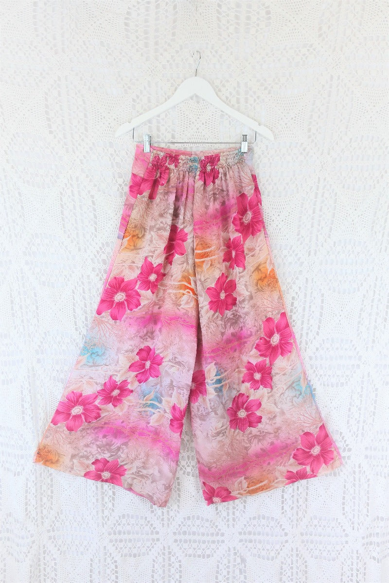High Waisted Joni Flares with Pockets - Vintage Indian Sari - Pearly Pink, Turquoise & Sunset Floral - Free Size S