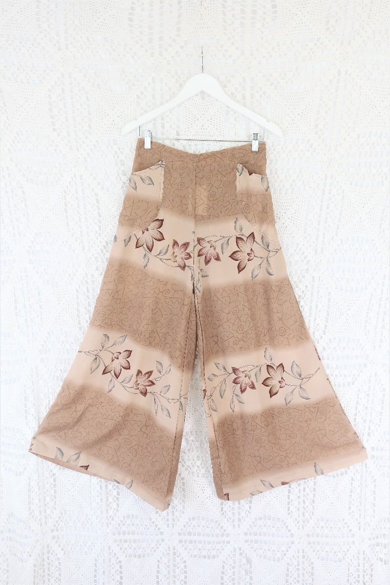 High Waisted Joni Flares with Pockets - Vintage Indian Sari - Dusty Mauve & Rosewood Floral Fade - Free Size S/M