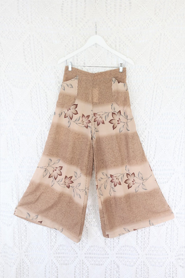 High Waisted Joni Flares with Pockets - Vintage Indian Sari - Dusty Mauve & Rosewood Floral Fade - Free Size S/M