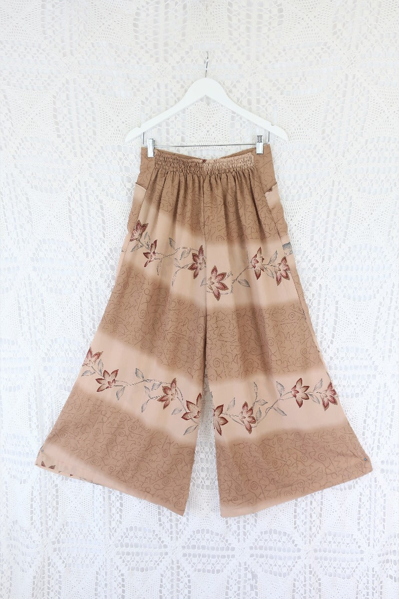 High Waisted Joni Flares with Pockets - Vintage Indian Sari - Dusty Mauve & Rosewood Floral Fade - Free Size S/M