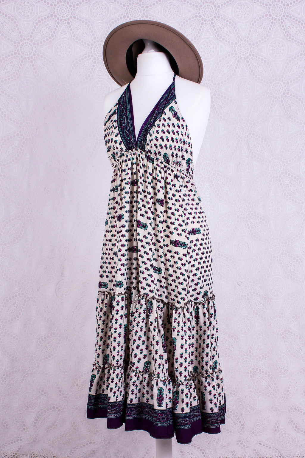 Cherry Mini Halter Dress - Cream Purple & Pink Vintage Sari (Free Size)