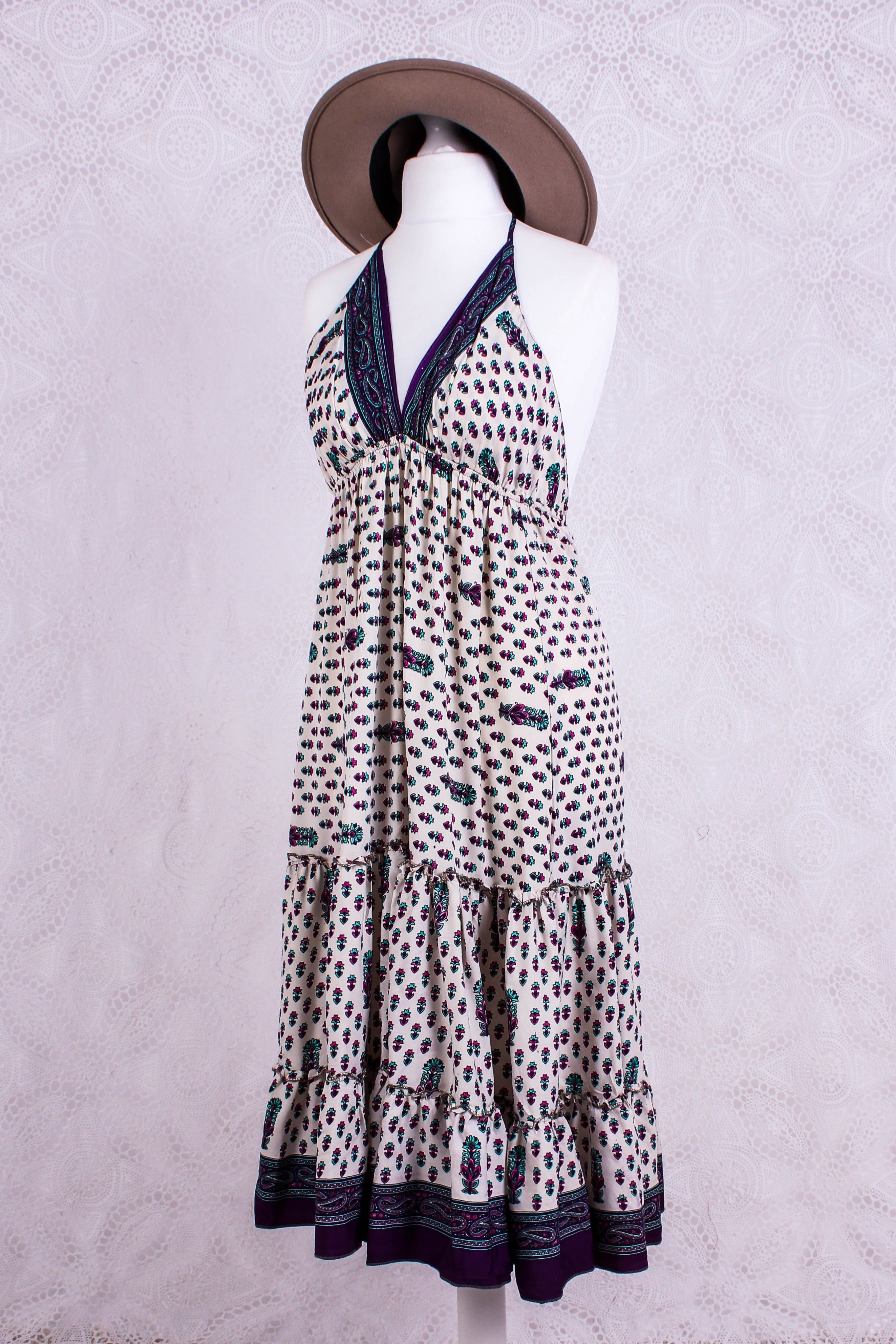 Cherry Mini Halter Dress - Cream Purple & Pink Vintage Sari (Free Size)