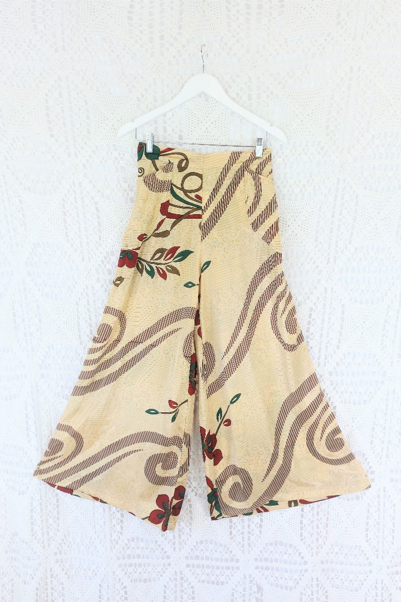 High Waisted Joni Flares with Pockets - Vintage Indian Sari - Cream, Red & Teal Bold Floral - Free Size S/M By All About Audrey