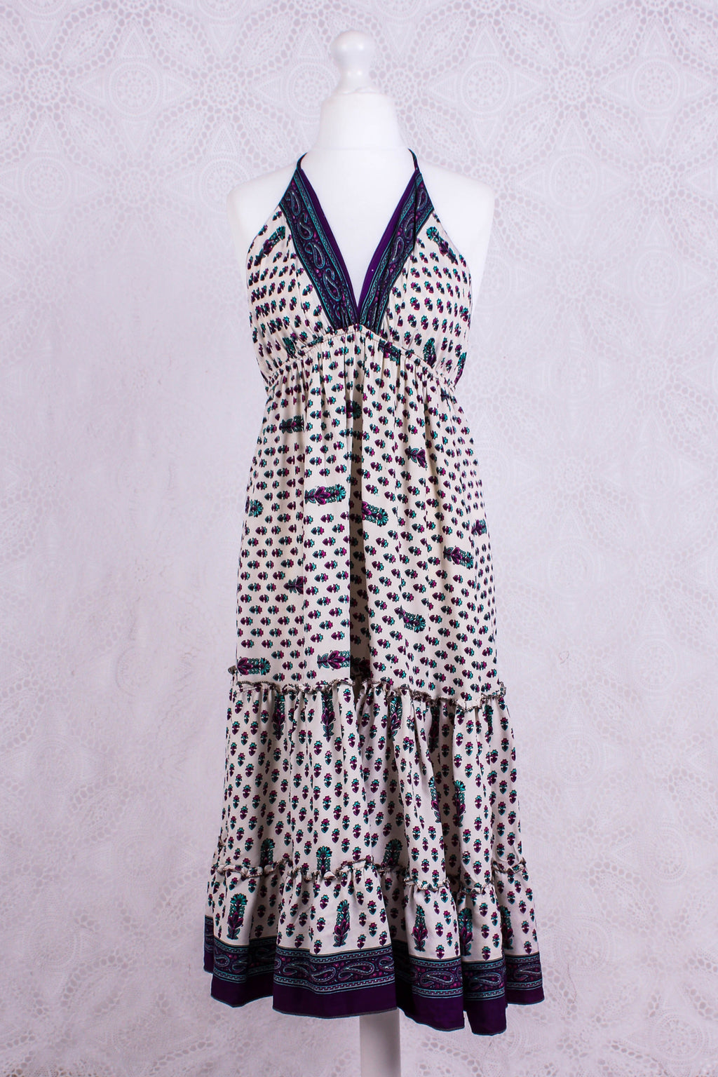 Cherry Mini Halter Dress - Cream Purple & Pink Vintage Sari (Free Size)