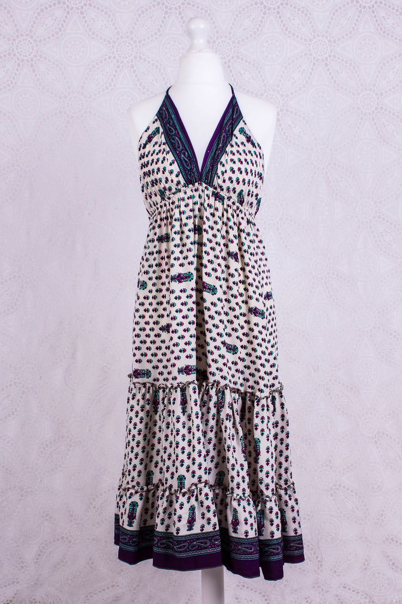 Cherry Mini Halter Dress - Cream Purple & Pink Vintage Sari (Free Size)