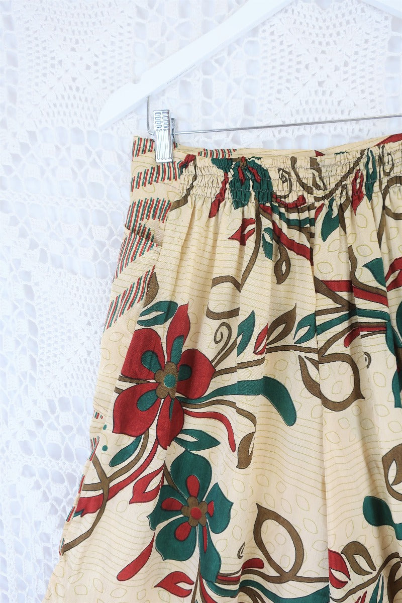 High Waisted Joni Flares with Pockets - Vintage Indian Sari - Cream, Red & Teal Bold Floral - Free Size S/M By All About Audrey