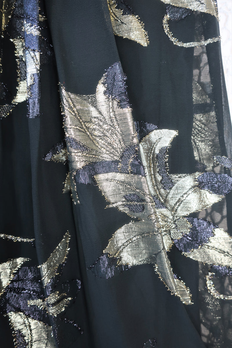 80's Vintage - Floral Metallic Embellished Skirt - Black & Gold - S