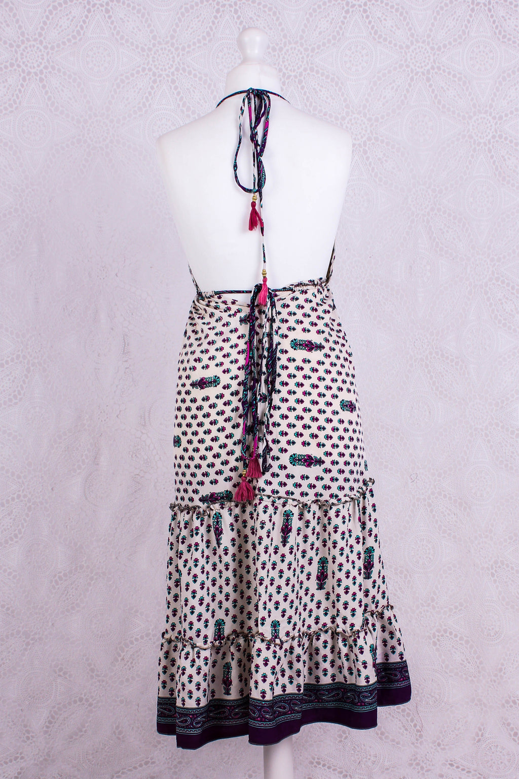 Cherry Mini Halter Dress - Cream Purple & Pink Vintage Sari (Free Size)