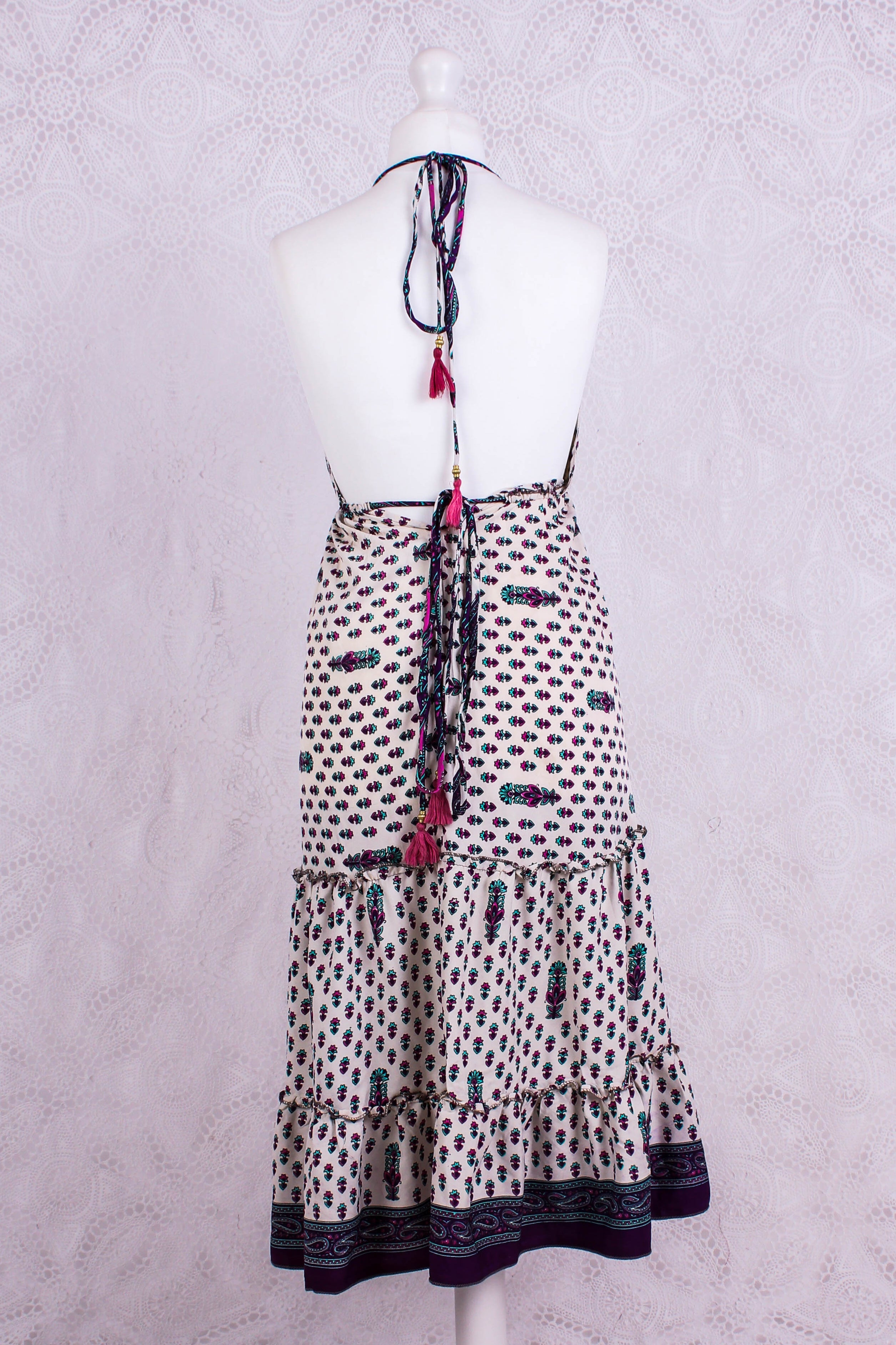 Cherry Mini Halter Dress - Cream Purple & Pink Vintage Sari (Free Size)