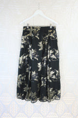 80's Vintage - Floral Metallic Embellished Skirt - Black & Gold - S