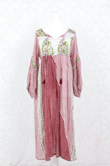 Daisy Midi Smock Dress - Vintage Indian Cotton - Sheer White & Ruby - XS