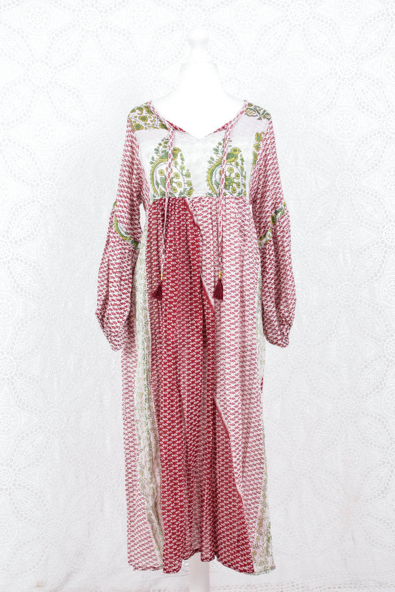 Daisy Midi Smock Dress - Vintage Indian Cotton - Sheer White & Ruby - XS