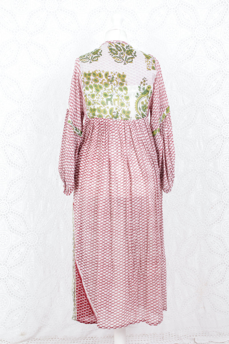 Daisy Midi Smock Dress - Vintage Indian Cotton - Sheer White & Ruby - XS