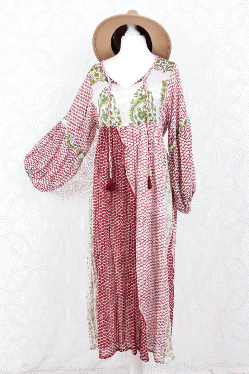 Daisy Midi Smock Dress - Vintage Indian Cotton - Sheer White & Ruby - XS