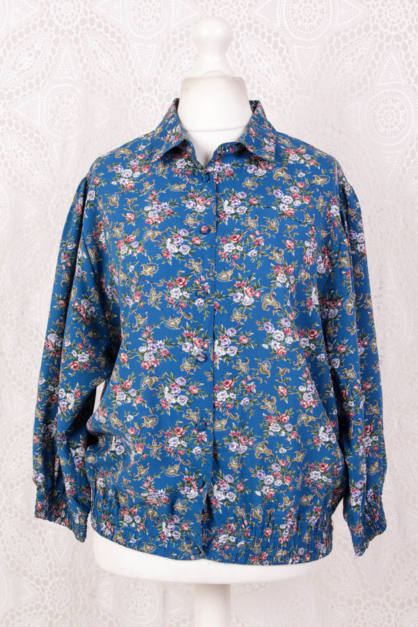 Vintage Bomber Shirt - Cerulean & Muted Floral - Free Size