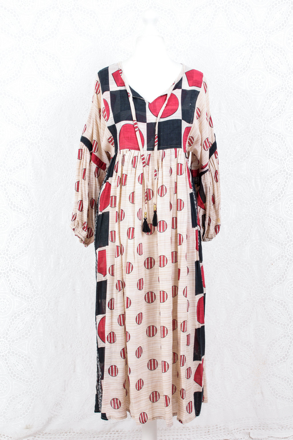 Daisy Midi Smock Dress - Vintage Indian Cotton - Sheer Oatmeal Graphic - XS