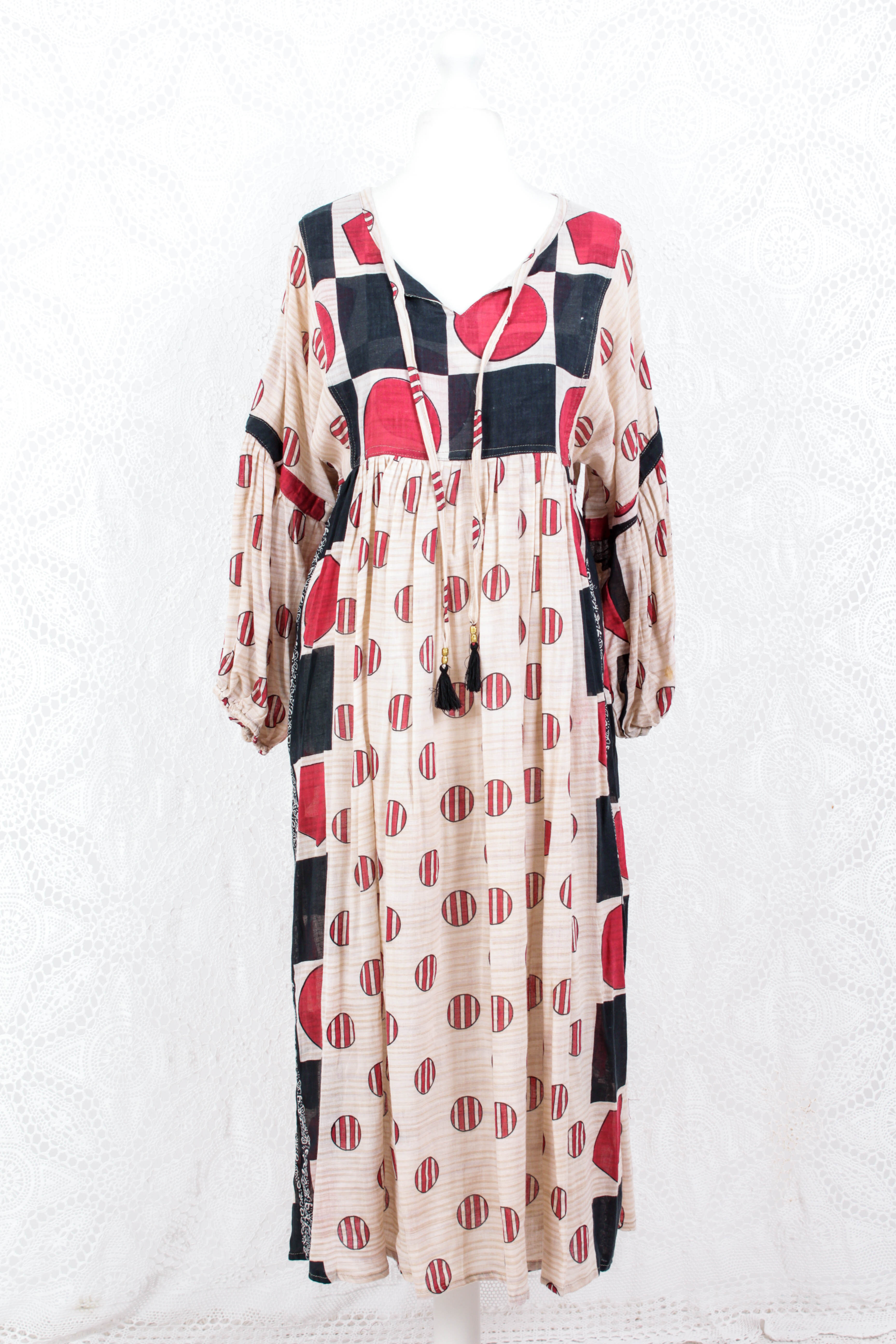 Daisy Midi Smock Dress - Vintage Indian Cotton - Sheer Oatmeal Graphic - XS