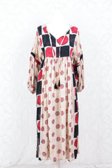 Daisy Midi Smock Dress - Vintage Indian Cotton - Sheer Oatmeal Graphic - XS