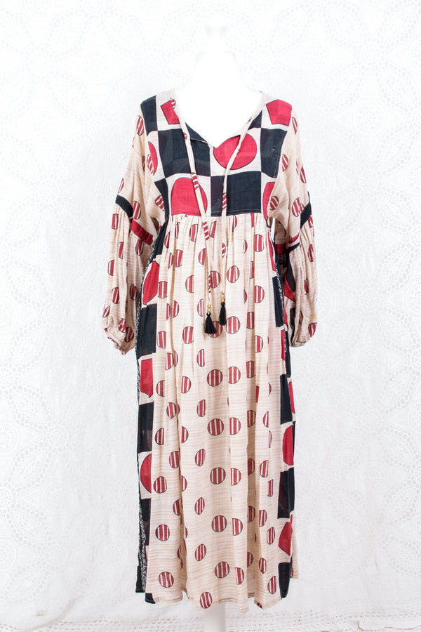 Daisy Midi Smock Dress - Vintage Indian Cotton - Sheer Oatmeal Graphic - XS